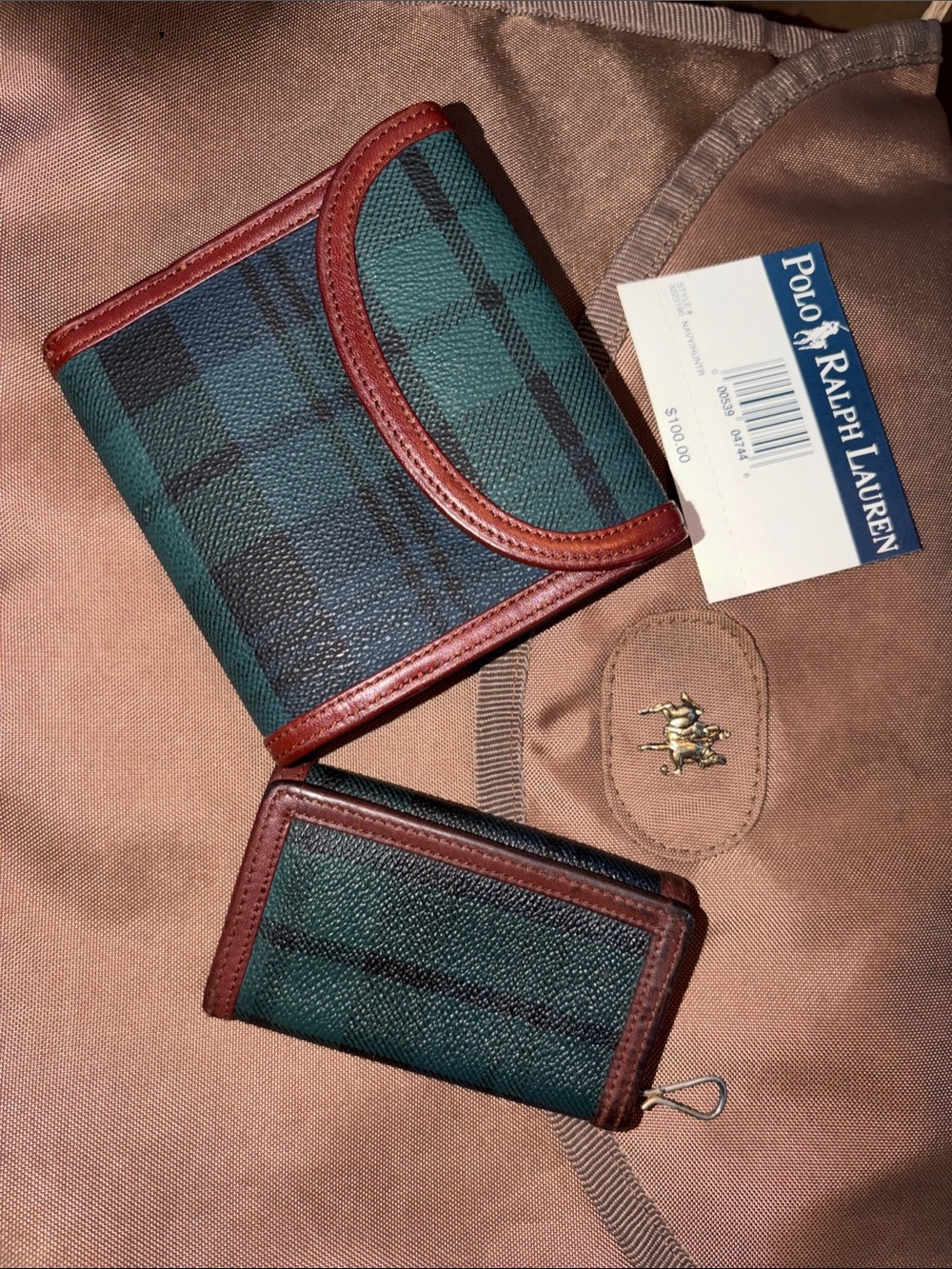 Polo by Ralph Lauren Green Plaid Leather-Trim vintage Wallet & keyholder